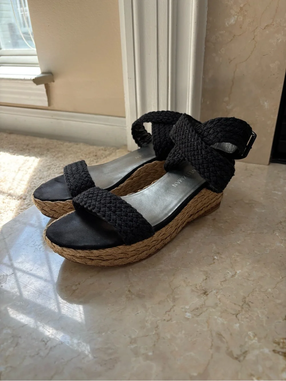 Stuart Weitzman Black Braided Espadrille Wedge Sandals